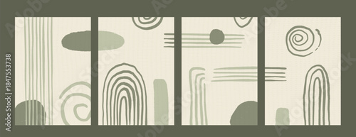 Boho olive wall arts. Line and arch posters set. Abstract japandi interior walls. Vector geometry and organic shapes background zen aesthetic. Ink brush hand drawn lines and circle figures on beige bg
