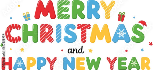 Festive Holiday Greetings Colorful Merry Christmas and Happy New Year Text Illustration