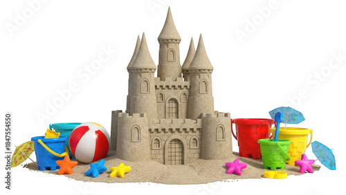 Sandcastle with beach toys isolated on transparent background