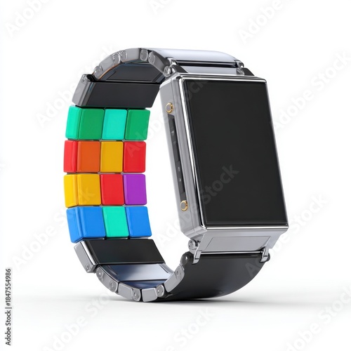 A futuristic smartwatch with a colorful modular band and a blank black screen