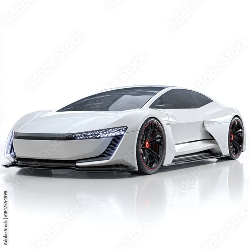 Sleek white futuristic concept car with red accent wheels on a white reflective surface