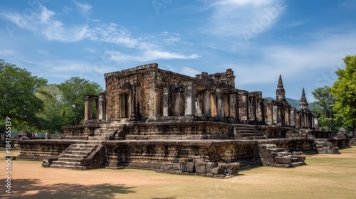 Ancient stone temple ruins with tiered platforms and ornate stupas against a bright blue sky