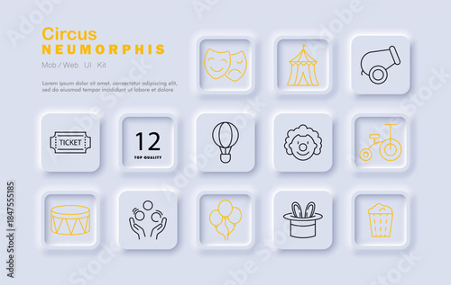Circus set icon. Thin outline icons display mask, tent, cannon, clown, balloon, ticket, drum, unicycle, juggling, top hat, popcorn, hot air balloon, and trophy.