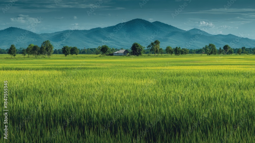 Fototapeta premium Vast green rice field stretching towards distant mountains and a small house