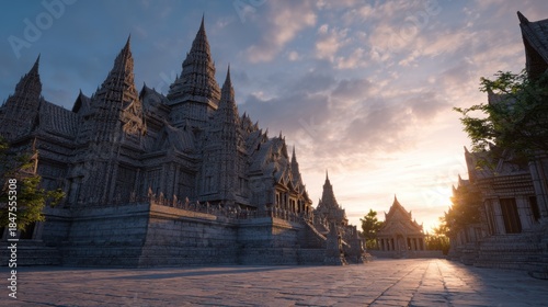 Ancient stone temple complex with ornate spires against a sunset sky Architecture