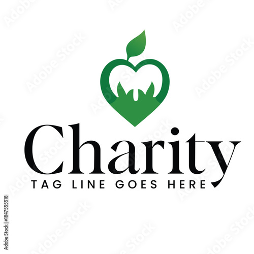 Modern green charity company logo vector with heart and leaf symbols representing hope, care, community, sustainability, giving back, wellness and social impact