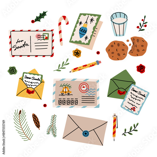 Flat Christmas set of colorful mail elements for writing letter to Santa. Includes envelopes, postcards, sweets, pen, festive branches. Great for seasonal designs, greeting cards, mail-themed graphics