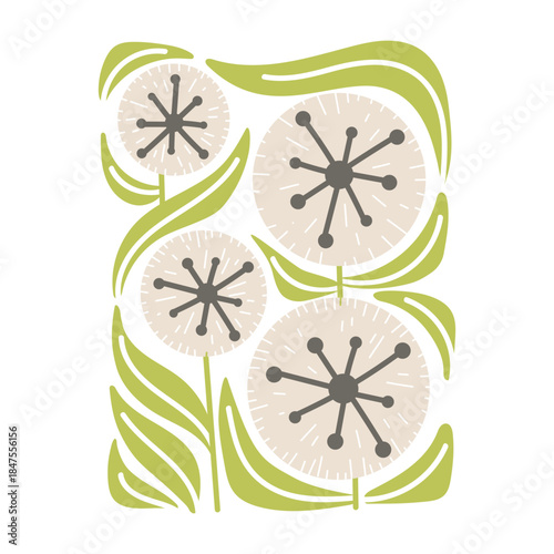 flat illustration of fluffy dandelions with leaves inscribed in a rectangle. A modern abstract geometric element. single design element for posters, home decor prints, textiles, and modern backgrounds