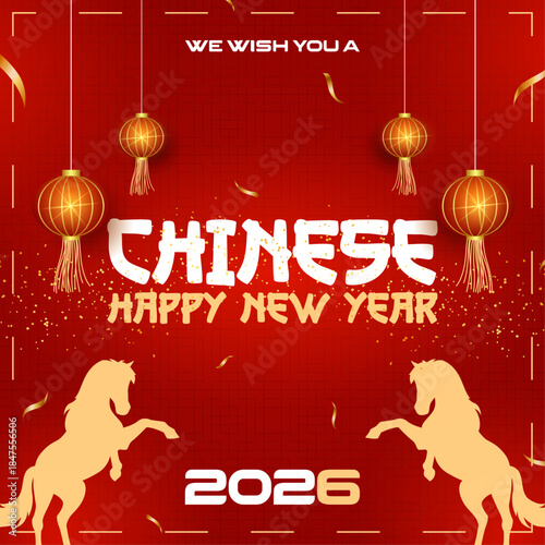 Happy Chinese New Year 2026 Year of the Horse Festive Poster, Modern Lunar New Year 2026 Greeting Card with Gold Zodiac Horse, Elegant Chinese New Year 2026 Banner with Traditional Red Ornaments