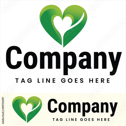 Green heart and leaf charity logo vector symbolizing hope, compassion, sustainable growth, community support, wellness, giving, environmental care, and positive social impact