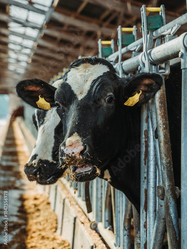 Close-up portrait of dairy cow eating feed inside modern barn, showcasing livestock farming, animal care and food production.