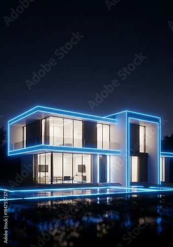 Contemporary Residence Lit with Neon Accents on a Dark Night