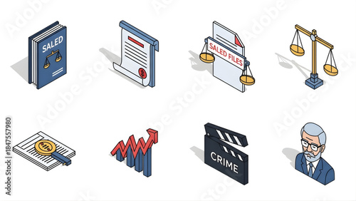 Essential Isometric Icon Collection for Legal, Business, and Financial Sectors, Representing Key Concepts of Justice, Market Analysis, and Corporate Operations