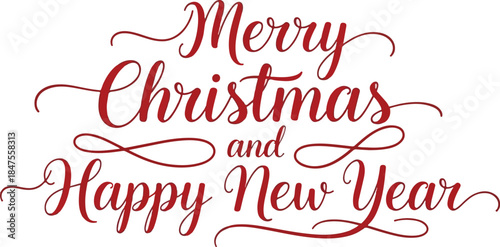 Elegant Merry Christmas and Happy New Year Calligraphy in Red on White Background