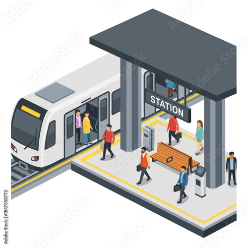 Isometric Train Station with People and Luggage.