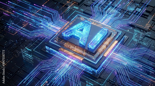 Abstract background surrounded by intricate circuit patterns and neon blue lights.