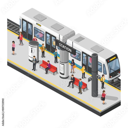 Isometric View of Busy Train Station Platform.