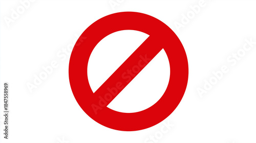 Simple warning prohibition sign with red circle and diagonal line through it, universal stop symbol, basic restriction icon, clean graphic design, with copy space