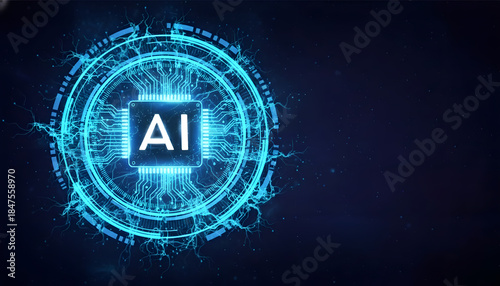 Blue holographic background and the text 