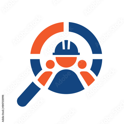 this is a flat logo design that depicts a magnifier in target shape with abstract worker on the center. It looks clean in orange and blue color and can be used for job search related logo  