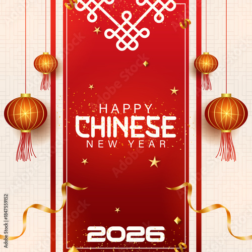 Happy Chinese New Year 2026 Year of the Horse Festive Poster, Modern Lunar New Year 2026 Greeting Card with Gold Zodiac Horse, Elegant Chinese New Year 2026 Banner with Traditional Red Ornaments, post
