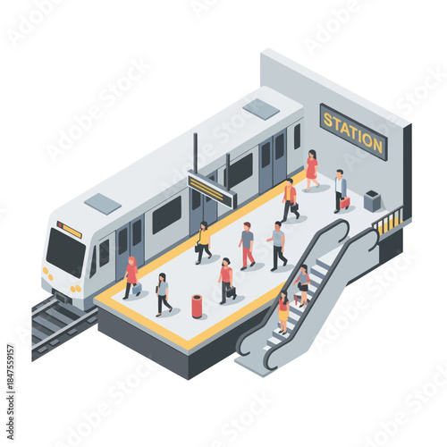 Isometric Illustration of Subway Station Scene.