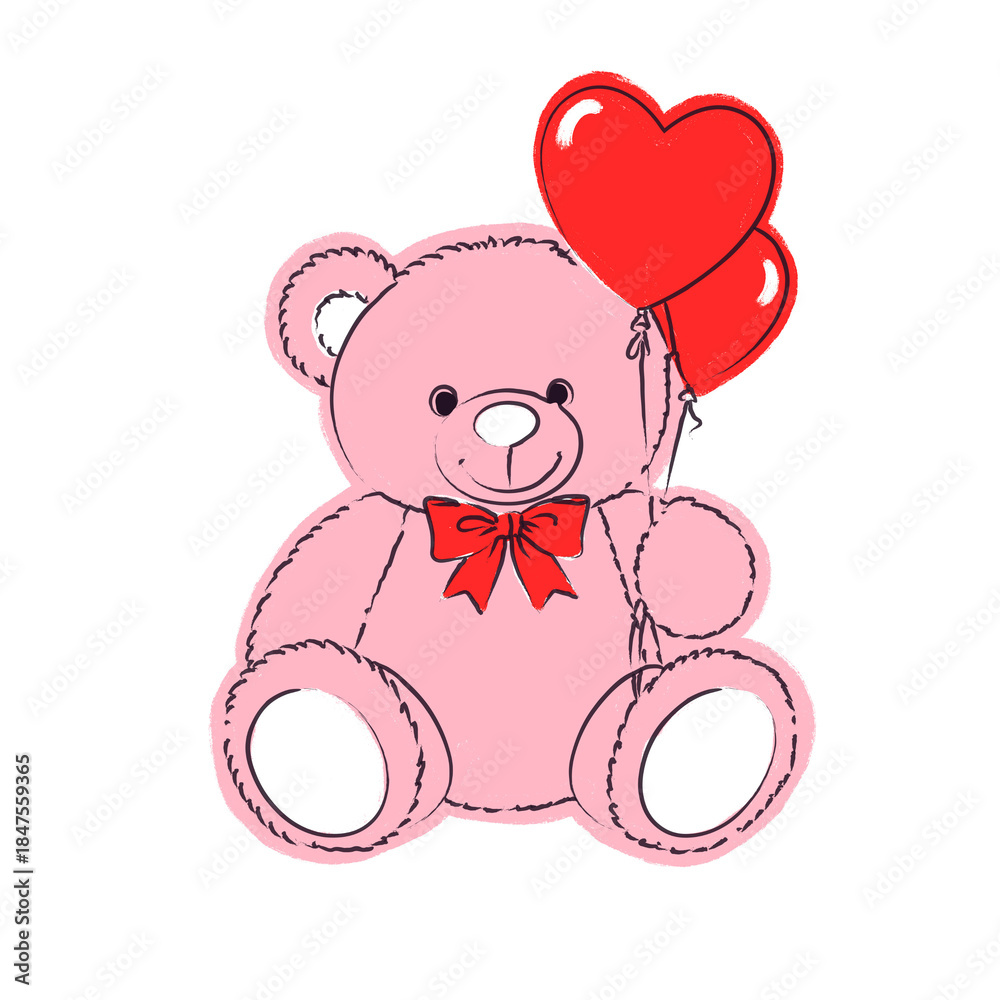 Fototapeta premium Cute Teddy Bear with Heart Balloon Valentine Illustration