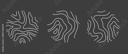 Abstract topographic map line background set . Circular wood rings logo set. Modern logo style terrain map illustration Wood section texture circles. Collection of patterns on dark background
