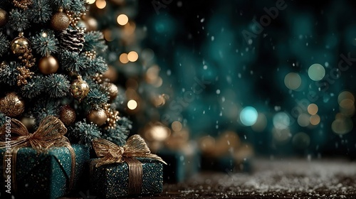 Christmas tree with golden gifts & ornaments on dark green background (navy/turquoise hints), bokeh effect, bohemian elegant cinematic photorealistic banner for holiday promotion.