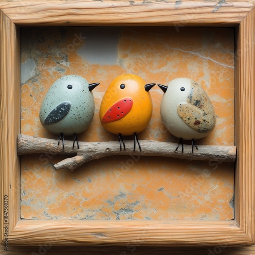 Three Bird Figurines in Wooden Frame (No Text)