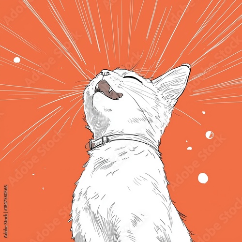 White Cat Yawning (With Collar) Against Orange Background