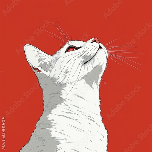 White Cat Looking Up Against Red Background