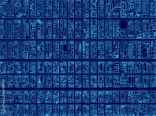 A detailed city blueprint highlights architectural contours and building density. The monochromatic blue tones create depth while emphasizing the intricate urban layout. Top view