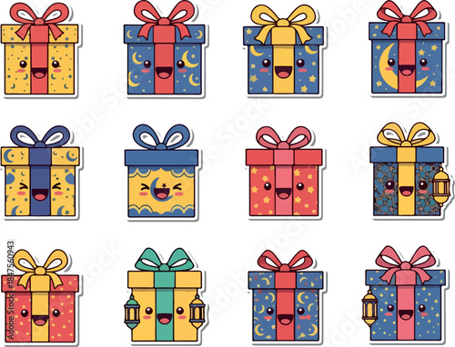 Festive Eid Gift Boxes Colorful Stickers for Holiday Cheer