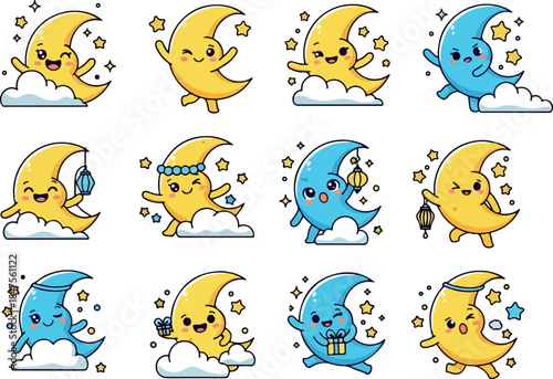 Set of Cute Cartoon Crescent Moon Characters with Happy Facial Expressions for Design Projects