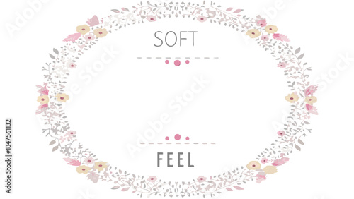 A clean floral wreath of tiny pink buds and soft delicate flowers on white background with soft feel text