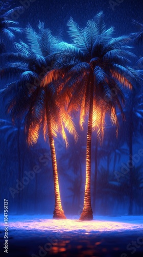 Glowing Palm Trees on Beach in Night Rain