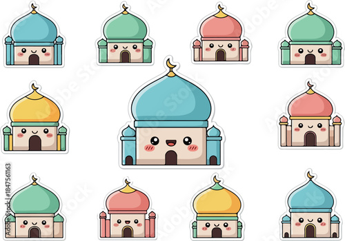 Cute Kawaii Mosque Set Illustration Vibrant Islamic Architecture Design