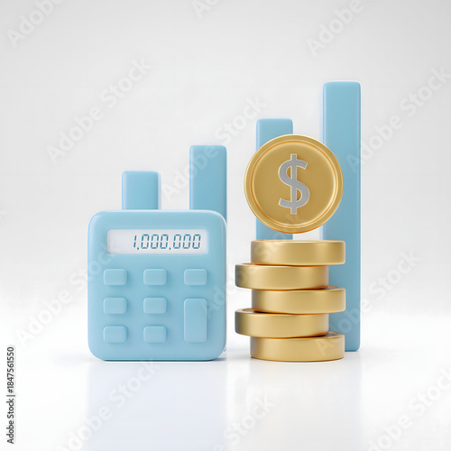 3D Illustration of Calculator with Gold Coins and Blue Bar Chart Representing Financial Growth