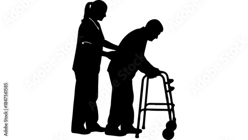 Caregiver assisting senior man with walker with transparent background