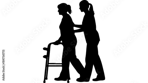 Woman assisted walking with a rollator with transparent background