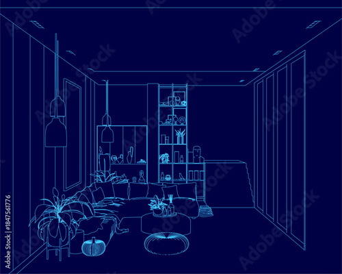 Modern living room contour drawing in blue line art features a cozy couch with pillows, houseplants, and a detailed cupboard. A table with various objects and ceiling lights complete the minimalist.