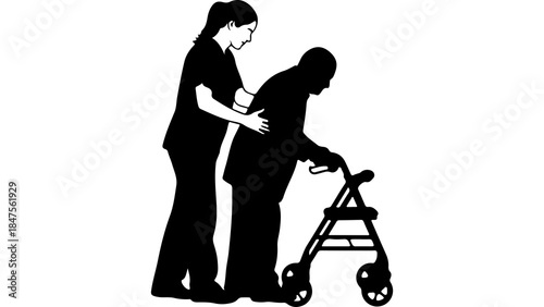 Caregiver assisting senior woman with walker with transparent background