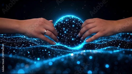 Hands Interacting with a Luminous Blue Digital Sphere and Wavy Lines on a Dark Background.