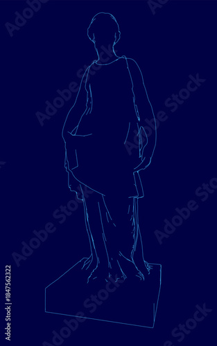 A minimalist blue line drawing depicts a sculptural female figure standing on a pedestal against a dark blue background.