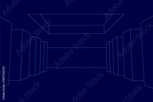 A minimalist room contour drawing on a dark blue background features stark white outlines and a distant light source. The empty space creates a feeling of anticipation and depth.