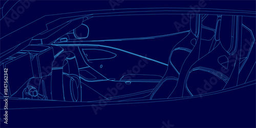 Sport car interior blueprint on a blue background reveals detailed contours of the steering wheel, dashboard, and essential features.