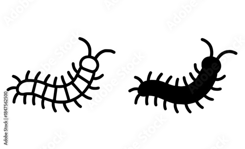 Icon, centipede illustration, black and white, outline and silhouette