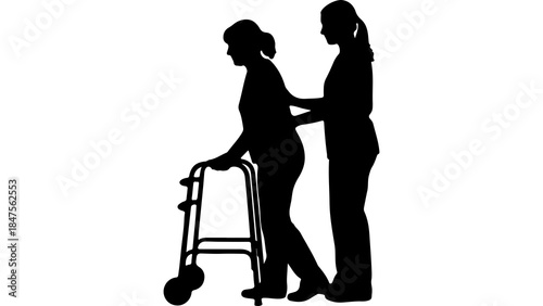 Elderly woman walking with assistance and caregiver with transparent background