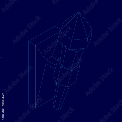 A blue background features a hanging torch wall sculpture with a geometric wireframe building model. The intricate 3D design is composed of various interconnected shapes and lines.